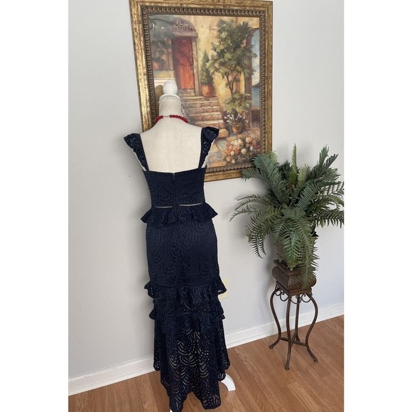 Women's CITY STUDIO 3 Tiers 5 Blue Lace Tea Length Stretch Cocktail Party Dress - Picture 6 of 12